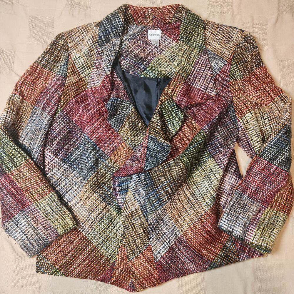 Chicos Blazer Fall Jacket red green brown Woven Tweed Ruffle Open Front